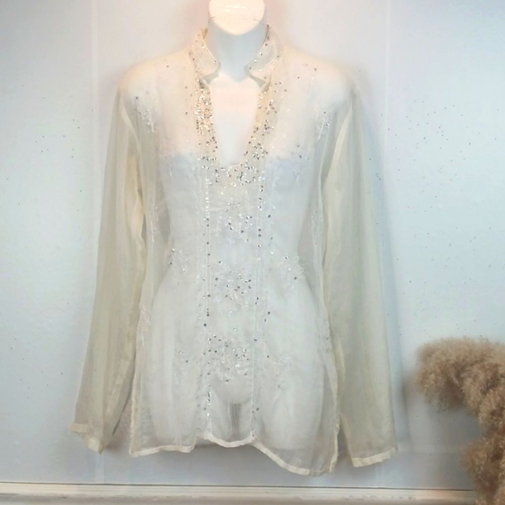 Vintage Luly K New York sheer white long-sleeve embroidered/ sequin tunic top